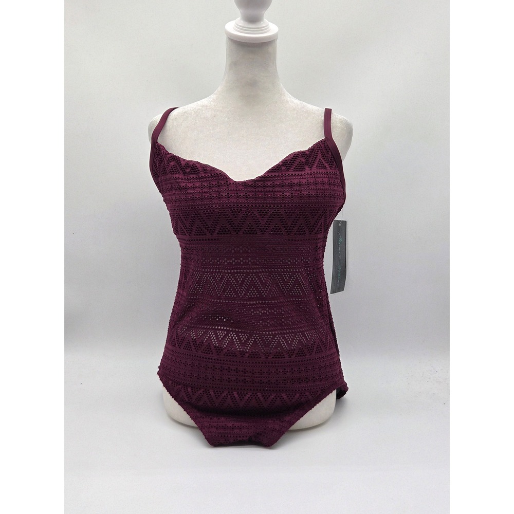 Aqua Green One Piece Swimsuit Large Burgundy Crochet Lace NWT 101-846